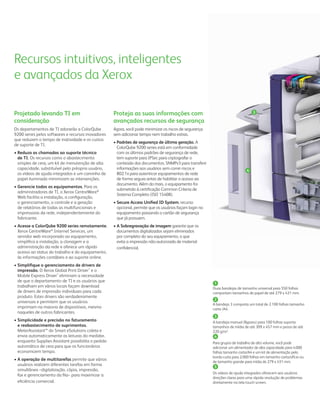 Recursos intuitivos, inteligentes
e avançados da Xerox

Projetado levando TI em                              Proteja as suas informações com                                              3

consideração                                         avançados recursos de segurança
Os departamentos de TI adorarão a ColorQube          Agora, você pode minimizar os riscos de segurança
9200 series pelos softwares e recursos inovadores    sem adicionar tempo nem trabalho extras.
que reduzem o tempo de inatividade e os custos
                                                     • Padrões de segurança de última geração. A
de suporte de TI.
                                                       ColorQube 9200 series está em conformidade
• Reduza as chamadas ao suporte técnico                com os últimos padrões de segurança de rede,
  de TI. Os recursos como o abastecimento              tem suporte para IPSec para criptografar o
  simples de cera, um kit de menutenção de alta        conteúdo dos documentos, SNMPv3 para transferir
  capacidade, substituível pelo préoprio usuário,      informações aos usuários sem correr riscos e                           4
  os vídeos de ajuda integrados e um caminho de        802.1x para autenticar equipamentos de rede
  papel iluminado minimizam as intervenções.           de forma segura antes de habilitar o acesso ao
                                                       documento. Além do mais, o equipamento foi
• Gerencie todos os equipamentos. Para os
                                                       submetido à certiﬁcação Common Criteria de
  administradores de TI, o Xerox CentreWare®
                                                       Sistema Completo (ISO 15408).
  Web facilita a instalação, a conﬁguração,
  o gerenciamento, o controle e a geração            • Secure Access Uniﬁed ID System, recurso
  de relatórios de todas as multifuncionais e          opcional, permite que os usuários façam login no
  impressoras da rede, independentemente do            equipamento passando o cartão de segurança
  fabricante.                                          que já possuem.
• Acesse a ColorQube 9200 series remotamente.        • A Sobregravação de imagem garante que os
  Xerox CentreWare® Internet Services, um              documentos digitalizados sejam eliminados
  servidor web incorporado ao equipamento,             por completo do seu equipamento, o que
  simpliﬁca a instalação, a clonagem e a               evita a impressão não-autorizada de material
  administração da rede e oferece um rápido            conﬁdencial.
  acesso ao status do trabalho e do equipamento,
  às informações contábeis e ao suporte online.
• Simpliﬁque o gerenciamento de drivers de
  impressão. O Xerox Global Print Driver™ e o
  Mobile Express Driver™ eliminam a necessidade
  de que o departamento de TI e os usuários que
                                                                                                           1
  trabalham em vários locais façam download                                                               Duas bandejas de tamanho universal para 550 folhas
  de drivers de impressão individuais para cada                                                           comportam tamanhos de papel de até 279 x 431 mm.
  produto. Estes drivers são verdadeiramente
                                                                                                           2
  universais e permitem que os usuários
                                                                                                          A bandeja 3 comporta um total de 2.100 folhas tamanho
  imprimam na maioria de dispositivos, mesmo                                                              carta /A4.
  naqueles de outros fabricantes.
                                                                                                           3
• Simplicidade e precisão no faturamento                                                                  A bandeja manual (Bypass) para 100 folhas suporta
  e reabastecimento de suprimentos.                                                                       tamanhos de mídia de até 309 x 457 mm e pesos de até
  MeterAssistant™ do Smart eSolutions coleta e                                                            220 g/m².
  envia automaticamente as leituras do medidor,                                                            4
  enquanto Supplies Assistant possibilita o pedido                                                        Para grupos de trabalho de alto volume, você pode
  automático de cera para que os funcionários                                                             adicionar um alimentador de alta capacidade para 4.000
  economizem tempo.                                                                                       folhas tamanho carta/A4 e um kit de alimentação pela
                                                                                                          borda curta para 2.000 folhas em tamanho carta/ofício ou
• A operação de multitarefas permite que vários
                                                                                                          de tamanho grande para mídia de 279 x 431 mm.
  usuários realizem diferentes tarefas em forma                                                            5
  simultânea –digitalização, cópia, impressão,
                                                                                                          Os vídeos de ajuda integrados oferecem aos usuários
  fax e gerenciamento da ﬁla– para maximizar a
                                                                                                          direções claras para uma rápida resolução de problemas
  eﬁciência comercial.                                                                                    diretamente na tela touch screen.
 