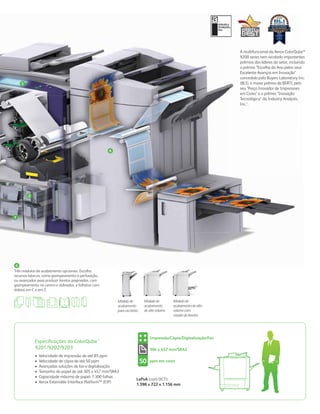A multifuncional da Xerox ColorQube™
                                                                                                                     9200 series tem recebido importantes
                                                                                                                     prêmios dos líderes do setor, incluindo
                                                                                                                     o prêmio "Escolha do Ano pelos seus
                                                                                                                     Excelente Avanços em Inovação"
                                                                                                                     concedido pelo Buyers Laboratory Inc.
    5                                                                                                                (BLI), o maior prêmio da BERTL pelo
                                                                                                                     seu "Preço Inovador de Impressoes
                                                                                                                     em Cores" e o prêmio "Inovação
                                                                                                                     Tecnológica" da Industry Analysts,
                                                                                                                     Inc.1.




                                                     6




        2




1




 6
Três módulos de acabamento opcionais. Escolha
recursos básicos, como grampeamento e perfuração,
ou avançados para produzir livretos paginados, com
grampeamento no centro e dobrados, e folhetos com
dobras em C e em Z.

                                                          Módulo de          Módulo de        Módulo de
                                                          acabamento         acabamento       acabamento de alto
                                                          para escritório    de alto volume   volume com
                                                                                              criador de livretos




                                                                                 Impressão/Cópia/Digitalização/Fax
            Especiﬁcações da ColorQube™
            9201/9202/9203                                                       304 x 457 mm/SRA3
            •   Velocidade de impressão de até 85 ppm
            •   Velocidade de cópia de até 50 ppm                           50   ppm em cores
            •   Avançadas soluções de fax e digitalização
            •   Tamanho do papel de até 305 x 457 mm/SRA3
            •   Capacidade máxima de papel: 7.300 folhas
                                                                        LxPxA (com OCT):
            •   Xerox Extensible Interface PlatformTM (EIP)
                                                                        1.398 x 722 x 1.156 mm
 