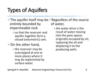 Types of Aquifers
The aquifer itself may be
entirely bounded by
impermeable rock
so that the reservoir and
aquifer together form a
closed (volumetric) unit.
On the other hand,
the reservoir may be
outcropped at one or
more places where it
may be replenished by
surface water.
Regardless of the source
of water,
the water drive is the
result of water moving
into the pore spaces
originally occupied by oil,
replacing the oil and
displacing it to the
producing wells.
Spring14 H. AlamiNia Reservoir Engineering 2 Course (1st Ed.) 6
 