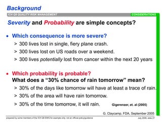 Background
prepared by some members of the ICH Q9 EWG for example only; not an official policy/guidance July 2006, slide 27
ICH Q9 QUALITY RISK MANAGEMENT
Severity and Probability are simple concepts?
 Which consequence is more severe?
> 300 lives lost in single, fiery plane crash.
> 300 lives lost on US roads over a weekend.
> 300 lives potentially lost from cancer within the next 20 years
 Which probability is probable?
What does a “30% chance of rain tomorrow” mean?
> 30% of the days like tomorrow will have at least a trace of rain.
> 30% of the area will have rain tomorrow.
> 30% of the time tomorrow, it will rain. Gigerenzer, et. al (2005)
G. Claycamp, FDA, September 2005
CONSIDERATIONS
 