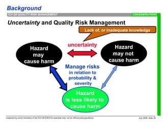 Background
prepared by some members of the ICH Q9 EWG for example only; not an official policy/guidance July 2006, slide 35
ICH Q9 QUALITY RISK MANAGEMENT
Uncertainty and Quality Risk Management
CONSIDERATIONS
Hazard
may
cause harm
Hazard
may not
cause harm
uncertainty
Hazard
is less likely to
cause harm
Manage risks
in relation to
probability &
severity
Lack of, or inadequate knowledge
 