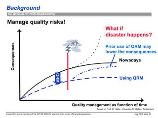 Background
prepared by some members of the ICH Q9 EWG for example only; not an official policy/guidance July 2006, slide 43
ICH Q9 QUALITY RISK MANAGEMENT
Manage quality risks!
Quality management as function of time
Consequences
What if
disaster happens?
Nowadays
QRM
Based on Prof. M. Haller, University St. Gallen, Switzerland
Using QRM
Prior use of QRM may
lower the consequences
 