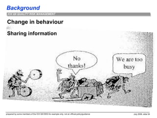 Background
prepared by some members of the ICH Q9 EWG for example only; not an official policy/guidance July 2006, slide 54
ICH Q9 QUALITY RISK MANAGEMENT
Change in behaviour
Sharing information
 