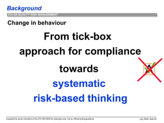 Background
prepared by some members of the ICH Q9 EWG for example only; not an official policy/guidance July 2006, slide 55
ICH Q9 QUALITY RISK MANAGEMENT
Change in behaviour
From tick-box
approach for compliance
towards
systematic
risk-based thinking
 