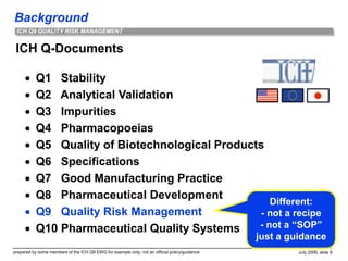 Background
prepared by some members of the ICH Q9 EWG for example only; not an official policy/guidance July 2006, slide 8
ICH Q9 QUALITY RISK MANAGEMENT
ICH Q-Documents
 Q1 Stability
 Q2 Analytical Validation
 Q3 Impurities
 Q4 Pharmacopoeias
 Q5 Quality of Biotechnological Products
 Q6 Specifications
 Q7 Good Manufacturing Practice
 Q8 Pharmaceutical Development
 Q9 Quality Risk Management
 Q10 Pharmaceutical Quality Systems
Different:
- not a recipe
- not a “SOP”
just a guidance
 