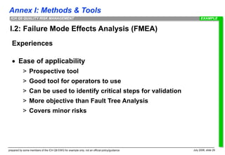 Annex I: Methods & Tools
prepared by some members of the ICH Q9 EWG for example only; not an official policy/guidance July 2006, slide 29
ICH Q9 QUALITY RISK MANAGEMENT
I.2: Failure Mode Effects Analysis (FMEA)
Experiences
 Ease of applicability
> Prospective tool
> Good tool for operators to use
> Can be used to identify critical steps for validation
> More objective than Fault Tree Analysis
> Covers minor risks
EXAMPLE
 