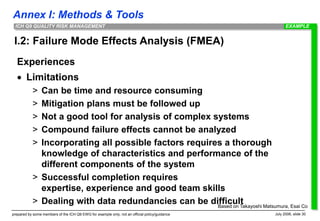 Annex I: Methods & Tools
prepared by some members of the ICH Q9 EWG for example only; not an official policy/guidance July 2006, slide 30
ICH Q9 QUALITY RISK MANAGEMENT
I.2: Failure Mode Effects Analysis (FMEA)
Experiences
 Limitations
> Can be time and resource consuming
> Mitigation plans must be followed up
> Not a good tool for analysis of complex systems
> Compound failure effects cannot be analyzed
> Incorporating all possible factors requires a thorough
knowledge of characteristics and performance of the
different components of the system
> Successful completion requires
expertise, experience and good team skills
> Dealing with data redundancies can be difficult
Based on Takayoshi Matsumura, Esai Co
EXAMPLE
 