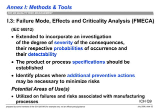 Annex I: Methods & Tools
prepared by some members of the ICH Q9 EWG for example only; not an official policy/guidance July 2006, slide 32
ICH Q9 QUALITY RISK MANAGEMENT
I.3: Failure Mode, Effects and Criticality Analysis (FMECA)
(IEC 60812)
 Extended to incorporate an investigation
of the degree of severity of the consequences,
their respective probabilities of occurrence and
their detectability
 The product or process specifications should be
established
 Identify places where additional preventive actions
may be necessary to minimize risks
Potential Areas of Use(s)
 Utilized on failures and risks associated with manufacturing
processes ICH Q9
 