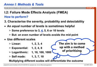 Annex I: Methods & Tools
prepared by some members of the ICH Q9 EWG for example only; not an official policy/guidance July 2006, slide 5
ICH Q9 QUALITY RISK MANAGEMENT
I.2: Failure Mode Effects Analysis (FMEA)
How to perform?
3. Characterise the severity, probability and detectability
 An equal number of levels is sometimes helpful
> Some preference to 3, 4, 5, 6 or 10 levels
> But: an even number of levels avoids the mid point
 Use different scales
> Linear: 1, 2, 3, 4
> Exponential: 1, 2, 4, 8
> Logarithmic: 1, 10, 100, 1000
> Self made: 1, 3, 7, 10
Multiplying different scales will differentiate the outcome
The aim is to come
up with a method
of prioritising
EXAMPLE
 