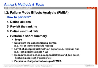 Annex I: Methods & Tools
prepared by some members of the ICH Q9 EWG for example only; not an official policy/guidance July 2006, slide 6
ICH Q9 QUALITY RISK MANAGEMENT
I.2: Failure Mode Effects Analysis (FMEA)
How to perform?
4. Define actions
5. Revisit the ranking
6. Define residual risk
7. Perform a short summary
> Scope
> Data from the assessment & control
(e.g. No. of identified failure modes)
> Level of accepted risk without actions i.e. residual risk
(e.g. Risk priority Number < 50)
> Recommended actions, responsibilities and due dates
(including approval, if appropriate)
> Person in charge for follow-up of FMEA
EXAMPLE
 