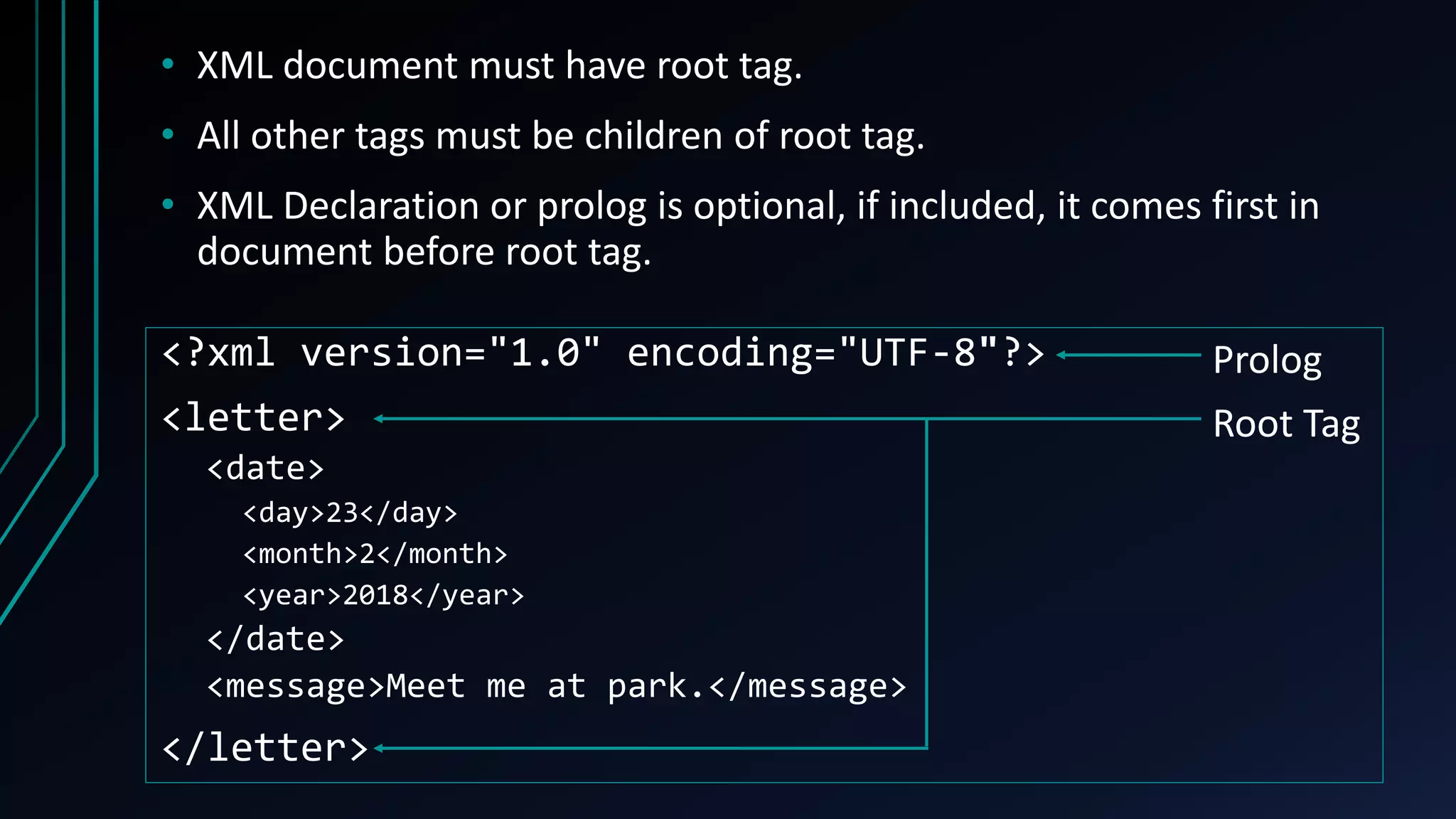 • XML document must have root tag.
• All other tags must be children of root tag.
• XML Declaration or prolog is optional, if included, it comes first in
document before root tag.
<?xml version="1.0" encoding="UTF-8"?>
<letter>
<date>
<day>23</day>
<month>2</month>
<year>2018</year>
</date>
<message>Meet me at park.</message>
</letter>
Prolog
Root Tag
 