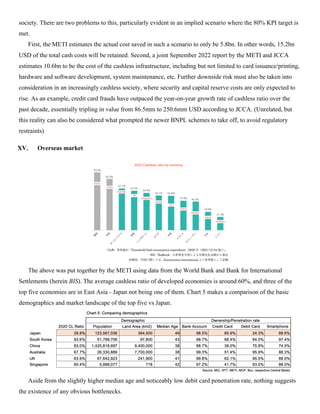 society. There are two problems to this, particularly evident in an implied scenario where the 80% KPI target is
met.
First, the METI estimates the actual cost saved in such a scenario to only be 5.8bn. In other words, 15.2bn
USD of the total cash costs will be retained. Second, a joint September 2022 report by the METI and JCCA
estimates 10.6bn to be the cost of the cashless infrastructure, including but not limited to card issuance/printing,
hardware and software development, system maintenance, etc. Further downside risk must also be taken into
consideration in an increasingly cashless society, where security and capital reserve costs are only expected to
rise. As an example, credit card frauds have outpaced the year-on-year growth rate of cashless ratio over the
past decade, essentially tripling in value from 86.5mm to 250.6mm USD according to JCCA. (Unrelated, but
this reality can also be considered what prompted the newer BNPL schemes to take off, to avoid regulatory
restraints)
XV. Overseas market
The above was put together by the METI using data from the World Bank and Bank for International
Settlements (herein BIS). The average cashless ratio of developed economies is around 60%, and three of the
top five economies are in East Asia - Japan not being one of them. Chart 5 makes a comparison of the basic
demographics and market landscape of the top five vs Japan.
Aside from the slightly higher median age and noticeably low debit card penetration rate, nothing suggests
the existence of any obvious bottlenecks.
 