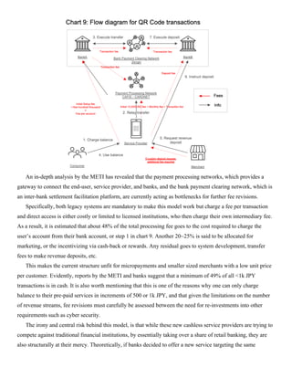An in-depth analysis by the METI has revealed that the payment processing networks, which provides a
gateway to connect the end-user, service provider, and banks, and the bank payment clearing network, which is
an inter-bank settlement facilitation platform, are currently acting as bottlenecks for further fee revisions.
Specifically, both legacy systems are mandatory to make this model work but charge a fee per transaction
and direct access is either costly or limited to licensed institutions, who then charge their own intermediary fee.
As a result, it is estimated that about 48% of the total processing fee goes to the cost required to charge the
user’s account from their bank account, or step 1 in chart 9. Another 20~25% is said to be allocated for
marketing, or the incentivizing via cash-back or rewards. Any residual goes to system development, transfer
fees to make revenue deposits, etc.
This makes the current structure unfit for micropayments and smaller sized merchants with a low unit price
per customer. Evidently, reports by the METI and banks suggest that a minimum of 49% of all <1k JPY
transactions is in cash. It is also worth mentioning that this is one of the reasons why one can only charge
balance to their pre-paid services in increments of 500 or 1k JPY, and that given the limitations on the number
of revenue streams, fee revisions must carefully be assessed between the need for re-investments into other
requirements such as cyber security.
The irony and central risk behind this model, is that while these new cashless service providers are trying to
compete against traditional financial institutions, by essentially taking over a share of retail banking, they are
also structurally at their mercy. Theoretically, if banks decided to offer a new service targeting the same
 