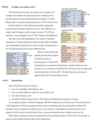 XXXIV. Example: convenience stores
The chart takes an average convenience store in Japan as an
example and compares the processing fee for a leading service
provider against the one being proposed in this paper. To make
things easier, we assume a processing fee of 1.6% for both services.
Results indicate a 1.02% difference in total fee against the
revenue earned using the respective services. This difference is a
simple result of charges on the average revenue of 725 JPY per
customer, versus charging on the 275 JPY change to be digitalized.
The other note worth highlighting is the impact on liquidity
management. Existing schemes by other providers offer the default
plan of depositing revenue once or twice a month. Customization or
use of a payment processor requires additional fees.
Observe to the left that the
pending revenue from cashless
transactions minus its
processing fee is 5.99mm JPY.
Comparatively, our proposal will produce a situation where the same
business sits in a cash pool of 6.09mm JPY from the revenue it made, plus
the accrued credit of 2.31mm JPY. The latter figure is equivalent to
approximately 40% of the pending revenue.
XXXV. Monetization
There will be four sources of income.
1. Fees on outstanding credit balances, and
2. Fees to transfer balance to other service providers, and
3. Fees from donations, and
4. (possibly) monthly charges that are either fixed or proportionate to frequency of usage
An example of number 4 would be charging a 500 JPY monthly fee to use the service. The reason this or a
similar approach will likely be required is because any outstanding credit may potentially be offset if the
merchant receives a payment of sufficient size. In this scenario, credit balance can either become zero or
negative, but the service would still need a way to secure minimum revenue to handle server cost etc.
While detail is pending on data to be gathered from beta testing in summer to fall of 2023, an example of
what a revenue model could look like can be found below.
 