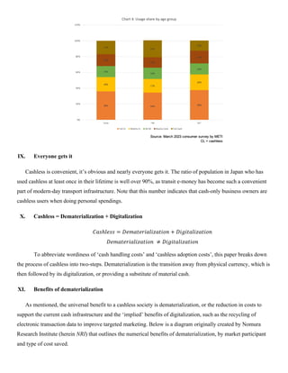 IX. Everyone gets it
Cashless is convenient, it’s obvious and nearly everyone gets it. The ratio of population in Japan who has
used cashless at least once in their lifetime is well over 90%, as transit e-money has become such a convenient
part of modern-day transport infrastructure. Note that this number indicates that cash-only business owners are
cashless users when doing personal spendings.
X. Cashless = Dematerialization + Digitalization
𝐶𝑎𝑠ℎ𝑙𝑒𝑠𝑠 = 𝐷𝑒𝑚𝑎𝑡𝑒𝑟𝑖𝑎𝑙𝑖𝑧𝑎𝑡𝑖𝑜𝑛 + 𝐷𝑖𝑔𝑖𝑡𝑎𝑙𝑖𝑧𝑎𝑡𝑖𝑜𝑛
𝐷𝑒𝑚𝑎𝑡𝑒𝑟𝑖𝑎𝑙𝑖𝑧𝑎𝑡𝑖𝑜𝑛 ≠ 𝐷𝑖𝑔𝑖𝑡𝑎𝑙𝑖𝑧𝑎𝑡𝑖𝑜𝑛
To abbreviate wordiness of ‘cash handling costs’ and ‘cashless adoption costs’, this paper breaks down
the process of cashless into two-steps. Dematerialization is the transition away from physical currency, which is
then followed by its digitalization, or providing a substitute of material cash.
XI. Benefits of dematerialization
As mentioned, the universal benefit to a cashless society is dematerialization, or the reduction in costs to
support the current cash infrastructure and the ‘implied’ benefits of digitalization, such as the recycling of
electronic transaction data to improve targeted marketing. Below is a diagram originally created by Nomura
Research Institute (herein NRI) that outlines the numerical benefits of dematerialization, by market participant
and type of cost saved.
 