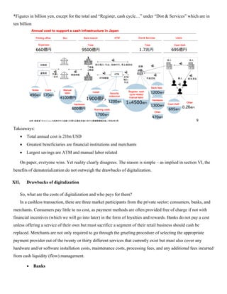 *Figures in billion yen, except for the total and “Register, cash cycle…” under “Dist & Services” which are in
ten billion
Takeaways:
• Total annual cost is 21bn USD
• Greatest beneficiaries are financial institutions and merchants
• Largest savings are ATM and manual labor related
On paper, everyone wins. Yet reality clearly disagrees. The reason is simple – as implied in section VI, the
benefits of dematerialization do not outweigh the drawbacks of digitalization.
XII. Drawbacks of digitalization
So, what are the costs of digitalization and who pays for them?
In a cashless transaction, there are three market participants from the private sector: consumers, banks, and
merchants. Consumers pay little to no cost, as payment methods are often provided free of charge if not with
financial incentives (which we will go into later) in the form of loyalties and rewards. Banks do not pay a cost
unless offering a service of their own but must sacrifice a segment of their retail business should cash be
replaced. Merchants are not only required to go through the grueling procedure of selecting the appropriate
payment provider out of the twenty or thirty different services that currently exist but must also cover any
hardware and/or software installation costs, maintenance costs, processing fees, and any additional fees incurred
from cash liquidity (flow) management.
• Banks
 