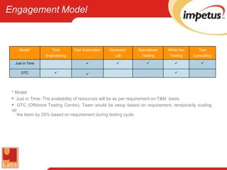 Engagement   Model * Model Just in Time: The availability of resources will be as per requirement on T&M  basis. OTC (Offshore Testing Centre): Team would be setup based on requirement, temporarily scaling up    the team by 25% based on requirement during testing cycle. Model * Test Engineering Test Automation Hardware  Lab Specialized Testing White box Testing Test Consulting Just in Time      OTC    