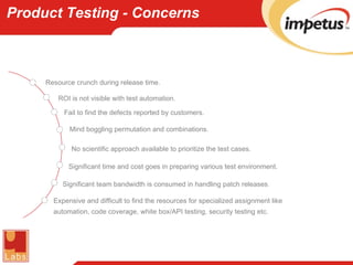 Product Testing - Concerns Mind boggling permutation and combinations. Fail to find the defects reported by customers. Significant team bandwidth is consumed in handling patch releases . Resource crunch during release time. ROI is not visible with test automation. Significant time and cost goes in preparing various test environment. No scientific approach available to prioritize the test cases. Expensive and difficult to find the resources for specialized assignment like automation, code coverage, white box/API testing, security testing etc. 