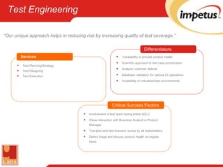 Services Test Engineering Test Planning/Strategy Test Designing Test Execution Critical Success Factors Involvement of test team during entire SDLC Close interaction with Business Analyst or Product Manager Test plan and test scenario review by all stakeholders Defect triage and discuss product health on regular basis Differentiators Traceability to provide product health Scientific approach to test case prioritization Analyze customer defects Database validation for various UI operations Availability of virtualized test environments “ Our unique approach helps in reducing risk by increasing quality of test coverage.” 