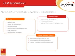 Test Automation “ Our scalable hybrid framework reduces dependency on automation engineer.” Feasibility study  Suitable tool recommendation Automation strategy Automation test framework implementation Script development  Automation suite maintenance Services Differentiators Systematic step by step approach Hybrid scalable framework Expertise on commercial and open source tools Critical Success Factors Good collaboration with manual test team Avoid changing properties of existing objects Test data should be in proximity to production data 