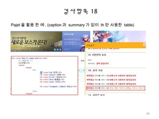 검사항목 18
Pajet 을 활용 한 예 . (caption 과 summary 가 없이 th 만 사용한 table)
80
 