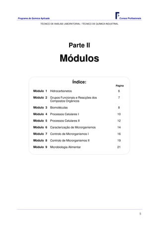 Programa de Química Aplicada Cursos Profissionais
TÉCNICO DE ANÁLISE LABORATORIAL / TÉCNICO DE QUÍMICA INDUSTRIAL
5
Parte II
MMóódduullooss
Índice:
Página
Módulo 1 Hidrocarbonetos 6
Módulo 2 Grupos Funcionais e Reacções dos
Compostos Orgânicos
7
Módulo 3 Biomoléculas 8
Módulo 4 Processos Celulares I 10
Módulo 5 Processos Celulares II 12
Módulo 6 Caracterização de Microrganismos 14
Módulo 7 Controlo de Microrganismos I 16
Módulo 8 Controlo de Microrganismos II 19
Módulo 9 Microbiologia Alimentar 21
 