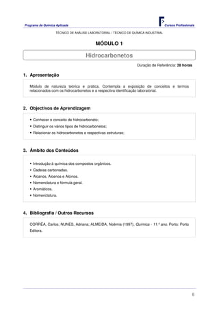 Programa de Química Aplicada Cursos Profissionais
TÉCNICO DE ANÁLISE LABORATORIAL / TÉCNICO DE QUÍMICA INDUSTRIAL
6
MÓDULO 1
Duração de Referência: 28 horas
1. Apresentação
Módulo de natureza teórica e prática. Contempla a exposição de conceitos e termos
relacionados com os hidrocarbonetos e a respectiva identificação laboratorial.
2. Objectivos de Aprendizagem
Conhecer o conceito de hidrocarboneto;
Distinguir os vários tipos de hidrocarbonetos;
Relacionar os hidrocarbonetos e respectivas estruturas;
3. Âmbito dos Conteúdos
Introdução à química dos compostos orgânicos.
Cadeias carbonadas.
Alcanos, Alcenos e Alcinos.
Nomenclatura e fórmula geral.
Aromáticos.
Nomenclatura.
4. Bibliografia / Outros Recursos
CORRÊA, Carlos; NUNES, Adriana; ALMEIDA, Noémia (1997), Química - 11.º ano. Porto: Porto
Editora.
Hidrocarbonetos
 