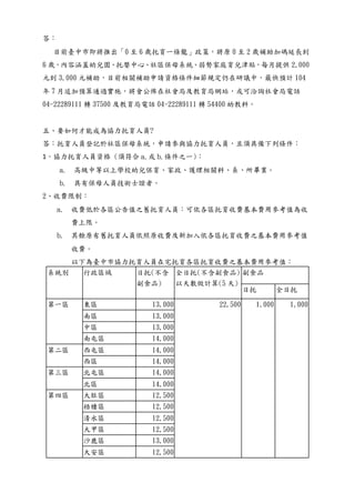 答：
目前臺中市即將推出「0 至 6 歲托育一條龍」政策，將原 0 至 2 歲補助加碼延長到
6 歲，內容涵蓋幼兒園、托嬰中心、社區保母系統、弱勢家庭育兒津貼，每月提供 2,000
元到 3,000 元補助，目前相關補助申請資格條件細節規定仍在研議中，最快預計 104
年 7 月追加預算通過實施，將會公佈在社會局及教育局網站，或可洽詢社會局電話
04-22289111 轉 37500 及教育局電話 04-22289111 轉 54400 幼教科。
五、要如何才能成為協力托育人員?
答：托育人員登記於社區保母系統，申請參與協力托育人員，且須具備下列條件：
1、協力托育人員資格 (須符合 a.或 b.條件之一)：
a. 高級中等以上學校幼兒保育、家政、護理相關科、系、所畢業。
b. 具有保母人員技術士證者。
2、收費限制：
a. 收費低於各區公告值之舊托育人員：可依各區托育收費基本費用參考值為收
費上限。
b. 其餘原有舊托育人員依照原收費及新加入依各區托育收費之基本費用參考值
收費。
以下為臺中市協力托育人員在宅托育各區托育收費之基本費用參考值：
系統別 行政區域 日托(不含
副食品)
全日托(不含副食品)
以天數做計算(5 天)
副食品
日托 全日托
第一區 東區 13,000 22,500 1,000 1,000
南區 13,000
中區 13,000
南屯區 14,000
第二區 西屯區 14,000
西區 14,000
第三區 北屯區 14,000
北區 14,000
第四區 大肚區 12,500
梧棲區 12,500
清水區 12,500
大甲區 12,500
沙鹿區 13,000
大安區 12,500
 