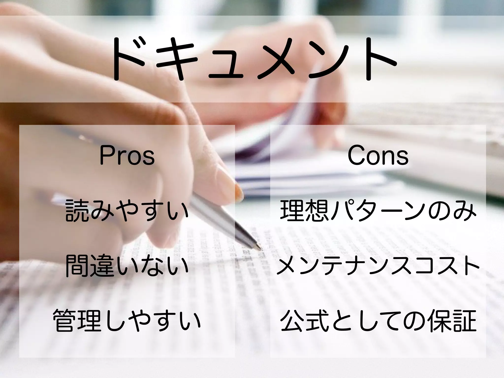 ドキュメント
Pros
読みやすい
間違いない
管理しやすい
Cons
理想パターンのみ
メンテナンスコスト
公式としての保証
 