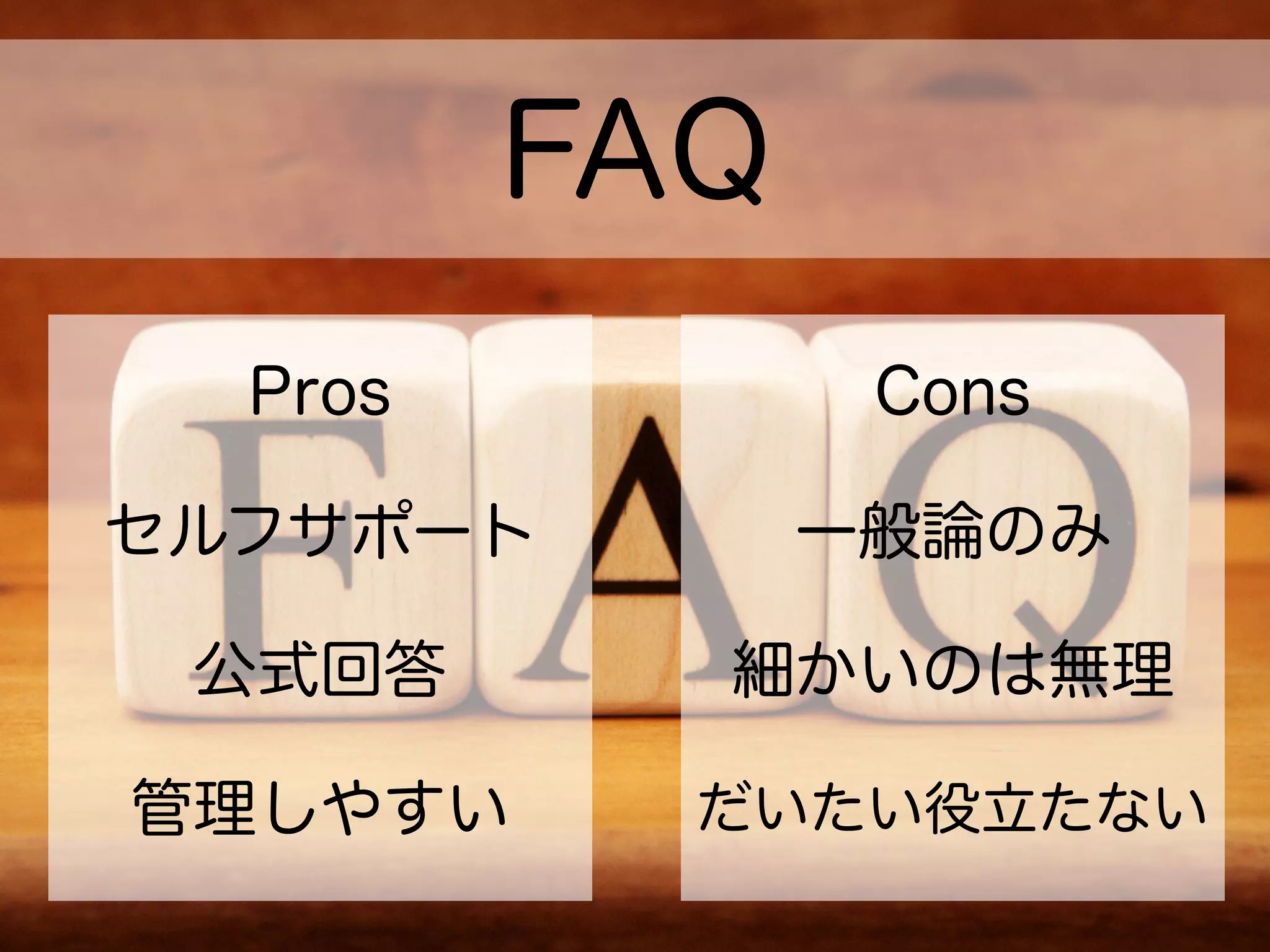 FAQ
Pros
セルフサポート
公式回答
管理しやすい
Cons
一般論のみ
細かいのは無理
だいたい役立たない
 