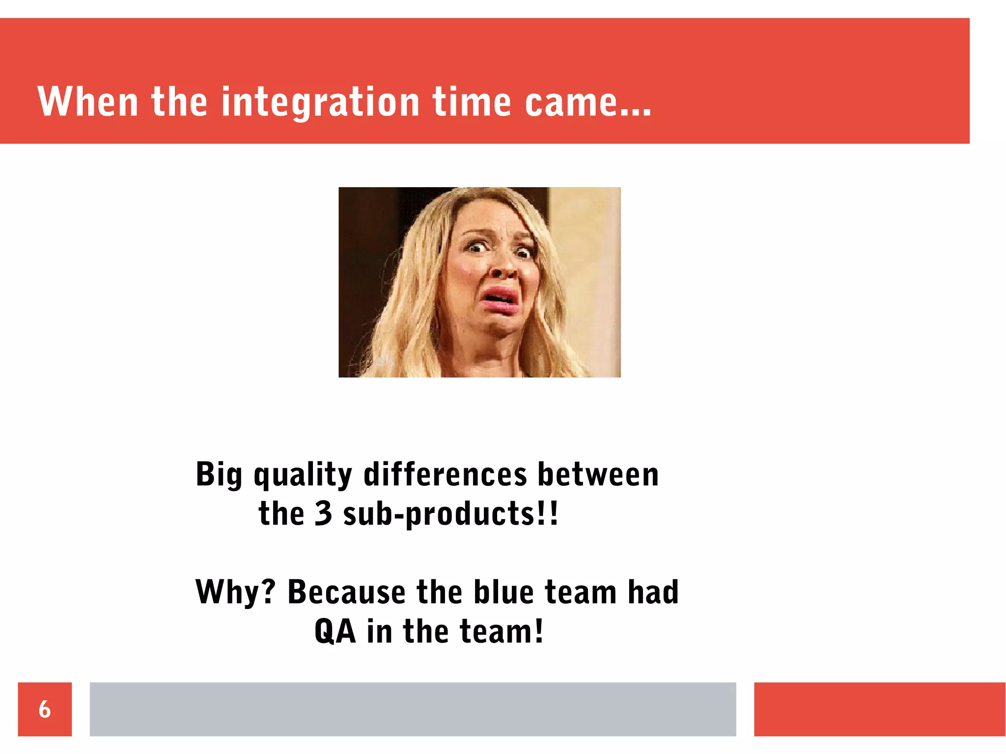 6
When the integration time came...
Big quality differences between
the 3 sub-products!!
Why? Because the blue team had
QA in the team!
 