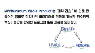 MVP(Minimum Viable Product)는 ‘에릭 리스＇에 의해 만
들어진 용어로 창업자의 아이디어를 작동이 가능한 최소한의
핵심기능만을 탑재한 프로그램 또는 제품을 의미한다.
 