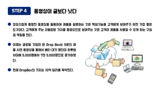STEP 4 동영상이 글보다 낫다
정성스럽게 촬영한 동영상을 활용하여 제품을 설명하는 것은 핵심기능을 고객에게 보여주기 위한 가장 좋은
도구이다. 고객에게 주는 차별화된 가치를 동영상으로 보여주는 것은 고객이 제품을 사용할 수 있게 하는 구심
점 역할을 한다.
이제는 글로벌 기업이 된 Drop Box는 5분의 제
품 시연 동영상을 통해서 베타 대기 명단이 하룻밤
사이에 5,000명에서 7만 5,000명으로 증가하였
다.
현재 DropBox의 가치는 10억 달러를 육박한다.
 