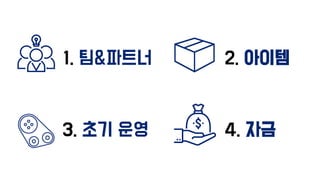 1. 팀&파트너 2. 아이템
3. 초기 운영 4. 자금
 