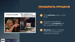 6
Чіткі шаблони вимог, тасок,
багів.
Метрики якості та Quality
Gates для прозорості й
контролю процесів.
Зрозумілі Acceptance
Criteria, які узгоджені між
BA, розробниками і QA.
ПРОЗОРІСТЬ ПРОЦЕСІВ
 
