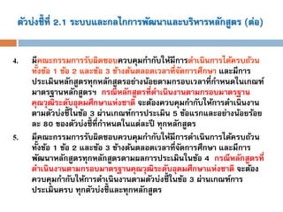 ตัวบ่งชี้ที่ 2.1ระบบและกลไกการพัฒนาและบริหารหลักสูตร(ต่อ) 
4.มีคณะกรรมการรับผิดชอบควบคุมกากับให้มีการดาเนินการได้ครบถ้วน ทั้งข้อ 1 ข้อ 2 และข้อ 3 ข้างต้นตลอดเวลาที่จัดการศึกษาและมีการ ประเมินหลักสูตรทุกหลักสูตรอย่างน้อยตามกรอบเวลาที่กาหนดในเกณฑ์ มาตรฐานหลักสูตรฯ กรณีหลักสูตรที่ดาเนินงานตามกรอบมาตรฐาน คุณวุฒิระดับอุดมศึกษาแห่งชาติ จะต้องควบคุมกากับให้การดาเนินงาน ตามตัวบ่งชี้ในข้อ 3 ผ่านเกณฑ์การประเมิน 5 ข้อแรกและอย่างน้อยร้อย ละ 80 ของตัวบ่งชี้ที่กาหนดในแต่ละปี ทุกหลักสูตร 
5.มีคณะกรรมการรับผิดชอบควบคุมกากับให้มีการดาเนินการได้ครบถ้วน ทั้งข้อ 1 ข้อ 2 และข้อ 3 ข้างต้นตลอดเวลาที่จัดการศึกษา และมีการ พัฒนาหลักสูตรทุกหลักสูตรตามผลการประเมินในข้อ 4 กรณีหลักสูตรที่ ดาเนินงานตามกรอบมาตรฐานคุณวุฒิระดับอุดมศึกษาแห่งชาติ จะต้อง ควบคุมกากับให้การดาเนินงานตามตัวบ่งชี้ในข้อ 3ผ่านเกณฑ์การ ประเมินครบ ทุกตัวบ่งชี้และทุกหลักสูตร  