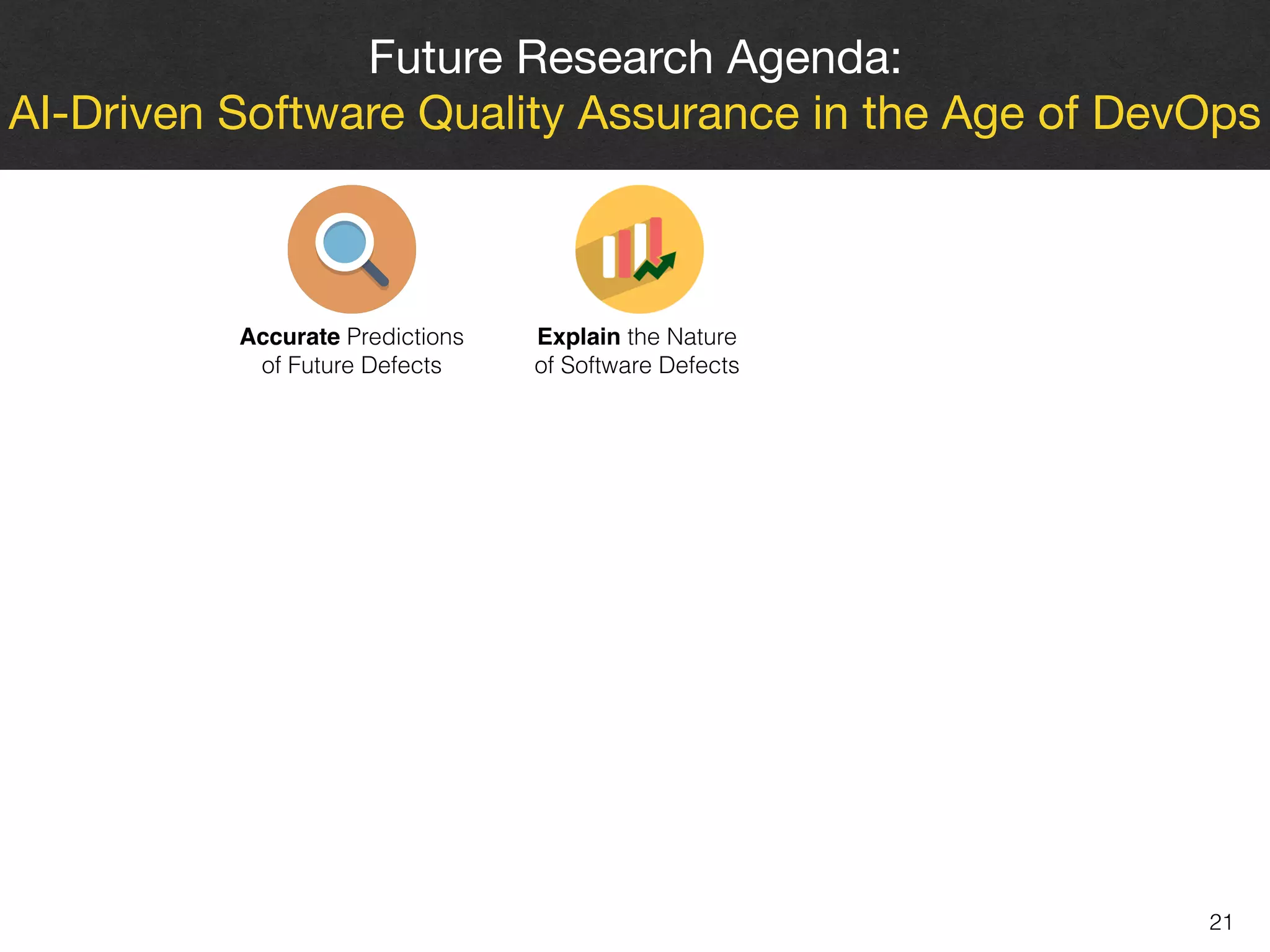 21
Future Research Agenda: 

AI-Driven Software Quality Assurance in the Age of DevOps
Accurate Predictions 
of Future Defects
Explain the Nature 
of Software Defects
 