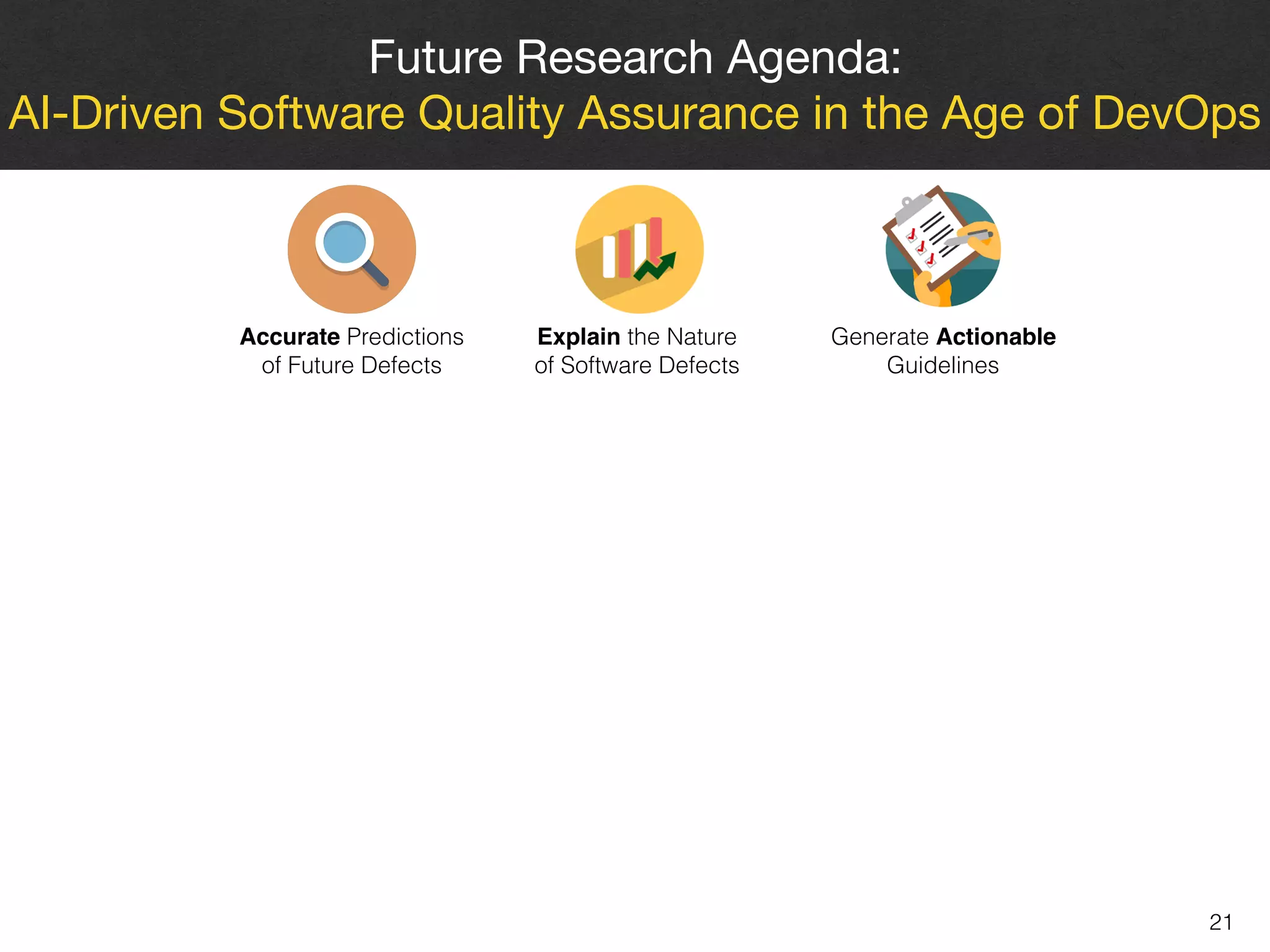 21
Future Research Agenda: 

AI-Driven Software Quality Assurance in the Age of DevOps
Accurate Predictions 
of Future Defects
Explain the Nature 
of Software Defects
Generate Actionable  
Guidelines
 