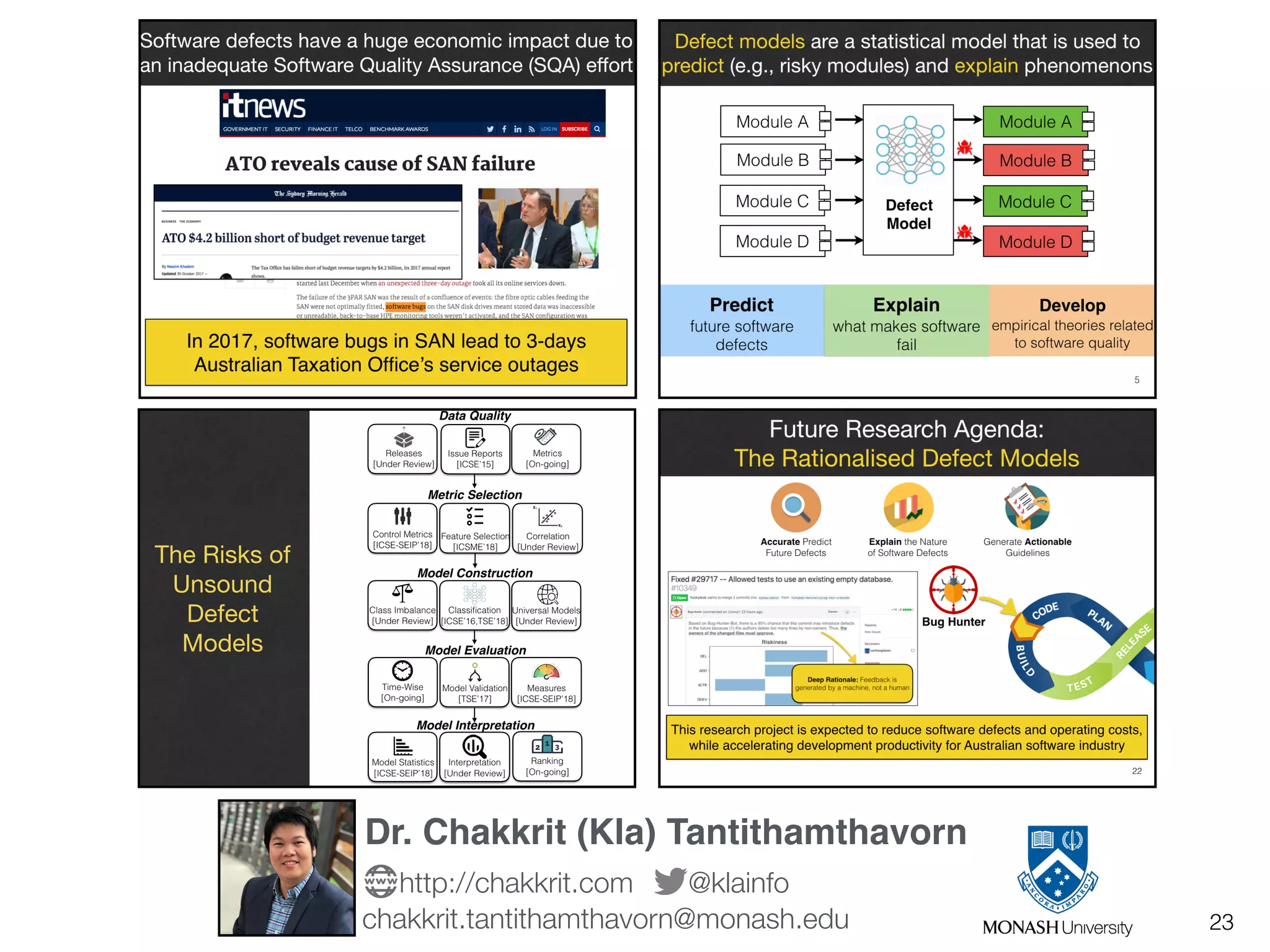 23
Dr. Chakkrit (Kla) Tantithamthavorn
@klainfohttp://chakkrit.com
chakkrit.tantithamthavorn@monash.edu
 