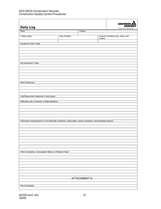SCG E&CS Construction Services
Construction Quality Control Procedures




 Daily Log
 Plant:                                                               Project:

 Today’s Date:                                     Day of Week:                          Ground Conditions (dry, damp, wet,
                                                                                         frozen):

 Equipment Used Today:




 Idle Equipment Today:




 Work Performed:




 Craft/Supervision observed in work areas:

 Difficulties with Contractor or Representative:




 Unforeseen Development on Job (Describe conditions, action taken, person contacted, recommended actions):




 Other Comments, Conversation Notes, or Pertinent Facts:




                                                                  ATTACHMENT D

 Site Coordinator:



QCG01rev2 .doc                                                            21
3/8/05
 