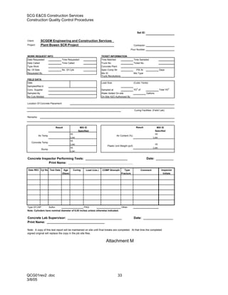 SCG E&CS Construction Services
Construction Quality Control Procedures


                                                                                                           Set ID:


Client:     SCGEM Engineering and Construction Services
Project:    Plant Bowen SCR Project                                                                     Contractor:
                                                                                                    Pour Number:

WORK REQUEST INFO                                                      TICKET INFORMATION
Date Requested                Time Requested                           Time Batched                Time Sampled
Date Called                   Time Called                              Truck No                    Ticket No.
Type Work                                                              Concrete Plant
No. Of Sets                   No. Of Cyls                              Spec Comp Str                  PSI At                      Days
Requested By                                                           Mix ID                      Mix Type
                                                                       Truck Revolutions: _______________
FIELD DATA
Date                                                                   Load Size                        (Cubic Yards)
Sampled/Rec’d
                                                                                                          3                               3
Conc. Supplier                                                         Sampled at                       YD of                     Total YD
Sampled By                                                             Water Added On-site                            Gallons
No Cyls Molded                                                         On-Site H2O Authorized By

Location Of Concrete Placement:

                                                                                                        Curing Facilities: (Field/ Lab)

Remarks:



                         Result                     MIX ID                                                Result              MIX ID
                                                   Specified                                                                Specified
                                           HI:                                                                              HI:
           Air Temp                                                                  Air Content (%)
                                           Low:                                                                            Low:
                                           HI:
    Concrete Temp
                                           Low:                                                                             HI:
                                                                            Plastic Unit Weight (pcf)
                                           HI:                                                                             Low:
             Slump
                                           Low :


Concrete Inspector Performing Tests: ________________________                                                         Date: __________
             Print Name: _____________________________________

Date REC Cyl No Test Date          Age       Curing      Load (Lbs.)   COMP Strength        Type                Comment            Inspector
                                  (Days)                                                 Fracture                                    Initials




Type Of CAP       Sulfur:                        PAQ:                                    Other:
Note: Cylinders have nominal diameter of 6.00 inches unless otherwise indicated.


Concrete Lab Supervisor: _______________________________                                                Date: _________________
Print Name: _________________________________

Note: A copy of this test report will be maintained on site until final breaks are completed. At that time the completed
signed original will replace the copy in the job site files.


                                                                           Attachment M




QCG01rev2 .doc                                                                        33
3/8/05
 