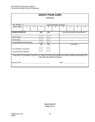 SCG E&CS Construction Services
Construction Quality Control Procedures



                                      GROUT POUR CARD
                                                 (continued)



  No. of Grout                                    Cube Identification Numbers
  Cubes Taken         1          2         3       4            5         6         7          8          9


CURING CHECKLIST                          SAT      N/A                   Grouting Specification Requirements


 Initial Curing
 Final Curing
 Curing Maintained As Required
                                          Yes      No                                Comments


 Any indication of cracking?
 Corrective Action Needed?

  THIS GROUT PLACEMENT HAS MET ALL SPECIFICATION REQUIREMENTS AND IS HEREBY RELEASED FOR
                               FURTHER USE AND/OR LOADING


Quality Control: ___________________________________                 Date: ___________________________




                                                Attachment N
                                                 Page 2 of 2



QCG01rev2 .doc                                       35
3/8/05
 
