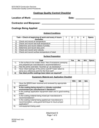 SCG E&CS Construction Services
Construction Quality Control Procedures

                             Coatings Quality Control Checklist

Location of Work: ______________________                                  Date: _______________

Contractor and Manpower: __________________________________________

Coatings Being Applied: ____________________________________________

                                          Ambient Conditions

      Task – Check at beginning of work and every 4 hours           1       2     3        4         Specs.
                           thereafter
    1) Check and record air temperature
    2) Check and record wet bulb temperature
    3) Determine and record relative humidity
    4) Determine and record dew point
    5) Check and record wind velocity
    6) Check and record surface temperature of steel

                                          Surface Preparation

                                    Task                                   Yes    No       N/A        Specs
   1)    Is the surface to be coated clean, free of excessive overspray
         and prepared per manufacturer’s recommendations?
   2)    Has the prime coat been “touched up” as necessary?
   3)    Have initial readings of the prime coat DFT been taken to
         serve as a reference point for the final coat?
   4)    Has blast profile readings been taken as required?

                           Equipment, Material and Application Checklist

                                    Task                                    YES       NO       N/A
  1)     Have the MSDS been received and reviewed by appropriate
         personnel?
  2)     Is the coating being stored in a climate controlled
         environment per manufacturer’s literature?
  3)     Is the coatings application equipment clean and in good working
         order?
  4)     Is the coating material being mixed per manufacturer’s
         recommendations?
  5)     Is the coating material being applied per manufacturer’s
         recommendation, using good technique to insure proper
         application?
  6)     List equipment being used:


                                            Attachment S
                                             Page 1 of 2

QCG01rev2 .doc                                    40
3/8/05
 