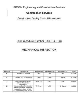 SCGEM Engineering and Construction Services

                                Construction Services

                 Construction Quality Control Procedures




                QC Procedure Number (QC – G – 03)


                        MECHANICAL INSPECTION




Revision            Description              Revised By   Reviewed By   Approved By    Date
   A             Issued for Review              N/A           N/A           N/A       6/22/00

   0          Issued for Construction           JME          DMC           RWM        7/12/00

   1          Department name change;         RHR, Jr.       JMS           JCH        11/4/02
                editorial changes and
                     clarifications
   2        Incorporate Best Practices by     RHR, Jr.       JBF         A. Baker     8/9/04
           the Mechanical QC Procedure
             Review Committee: R. Hall,
           R. Joyce, M. Mingus, K. Purcell
 