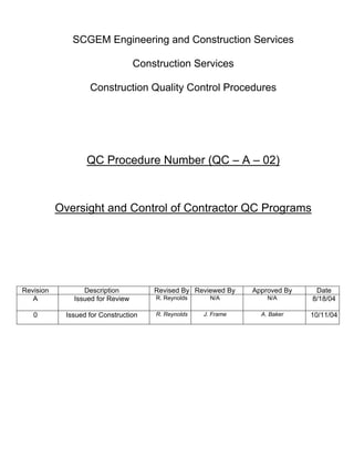 SCGEM Engineering and Construction Services

                                   Construction Services

                    Construction Quality Control Procedures




                   QC Procedure Number (QC – A – 02)



           Oversight and Control of Contractor QC Programs




Revision          Description          Revised By Reviewed By   Approved By    Date
   A           Issued for Review       R. Reynolds     N/A          N/A       8/18/04

   0         Issued for Construction   R. Reynolds   J. Frame     A. Baker    10/11/04
 