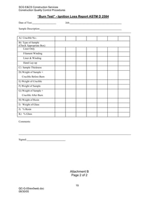 SCG E&CS Construction Services
Construction Quality Control Procedures

                   “Burn Test” - Ignition Loss Report ASTM D 2584
Date of Test:                             Job:

Sample Description:


A) Crucible No.:
B) Type of Sample
(Check Appropriate Box)
    Liner Only
    Filament Winding
    Liner & Winding
    Hand Lay-up
C) Sample Thickness
D) Weight of Sample +
   Crucible Before Burn
E) Weight of Crucible
F) Weight of Sample
G) Weight of Sample +
   Crucible After Burn
H) Weight of Resin
I) Weight of Glass
J) % Resin
K) % Glass

Comments:




Signed:




                                                 Attachment B
                                                  Page 2 of 2


                                                    19
QC-G-05rev0web.doc
08/30/05
 