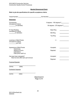 SCG E&CS Construction Services
Construction Quality Control Procedures


                                     Mandrel Dimensional Check

Refer to job site specifications for specific acceptance criteria.


Vessel Number:                                         Pull Number:

Dimension

Concentricity                                                   0 degrees - 180 degrees F
(Acceptance Criteria:
_________on diameter)                                                90 degrees - 270 degrees F


Pi Tape Reading                                                          Base Ring
(Acceptance Criteria:
________on diameter)                                                     Mid Ring

                                                                         Top Ring


Levelness of Mold Panels                                                         +/ -
(Acceptance Criteria:
__________per foot)


Appearance of Mold Panels                                                Accepted:
       Cleanliness
       Absence of burrs                                                  Rejected:
       Indentations
       Plate joints match up

Has laser been retargeted?                                               Accepted:
   Must be done after each part removal
                                                                         Rejected:

Foreman/Operator

_____________________________________
(name)        (date)

Contractor Inspector

_____________________________________
(name)        (date)

                                           Attachment E
                                            Page 3 of 4




                                                26
QC-G-05rev0web.doc
08/30/05
 
