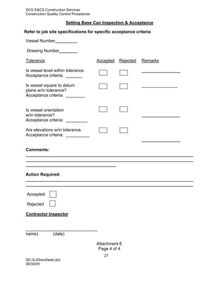 SCG E&CS Construction Services
Construction Quality Control Procedures

                        Setting Base Can Inspection & Acceptance

Refer to job site specifications for specific acceptance criteria

Vessel Number

 Drawing Number

Tolerance                                 Accepted   Rejected   Remarks

Is vessel level within tolerance.
Acceptance criteria: _______

Is vessel square to datum                                       _______________
plane w/in tolerance?
Acceptance criteria: ________


Is vessel orientation
w/in tolerance?
Acceptance criteria: _________

Are elevations w/in tolerance.
Acceptance criteria: __________


Comments:




Action Required:



 Accepted

 Rejected

Contractor Inspector


______________________________
name)      (date)

                                          Attachment E
                                           Page 4 of 4
                                             27
QC-G-05rev0web.doc
08/30/05
 