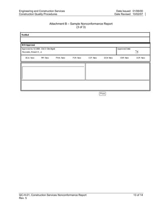 Engineering and Construction Services                                  Date Issued: 01/06/00
Construction Quality Procedures                                       Date Revised: 10/02/07


                        Attachment B – Sample Nonconformance Report
                                          (3 of 3)




                                                                      y
                                                          op
                                                       C
                                              d
                                        lle
                        tro
            on
 nc
U




QC-H-01, Construction Services Nonconformance Report                                13 of 14
Rev. 5
 