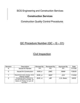SCG Engineering and Construction Services

                                Construction Services

                     Construction Quality Control Procedures




                   QC Procedure Number (QC – G – 01)



                                         Civil Inspection



Revision            Description               Revised By   Reviewed By   Approved By    Date
   A             Issued for Review                N/A          N/A           N/A       7/17/00
   0          Issued for Construction          RHR,Jr.        DMC           RWM        7/26/00

   1       Department name change; minor       RHR, Jr.       WDP           JCH        11/4/02
                   editorial changes
   2         Incorporate Best Practices by     RHR, Jr.       JBF        C.A. Baker    3/8/05
           Civil QC Review Committee: M.
            Adkins, D. Presley, B. Lyon, M.
                       Saunders
 